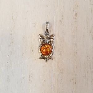 ⭐Sterling Silver & Amber Owl Pendant